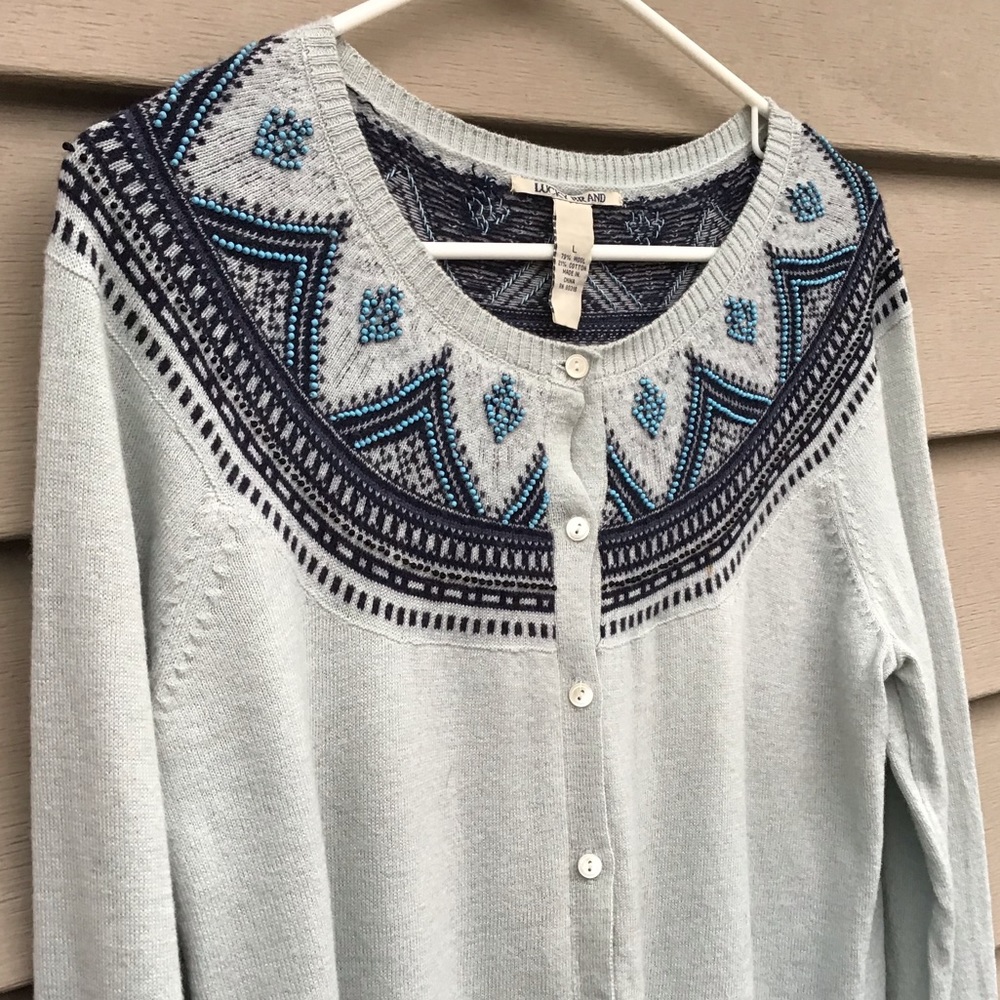 Lucky Brand Light  Green Beaded Cardigan, Size L